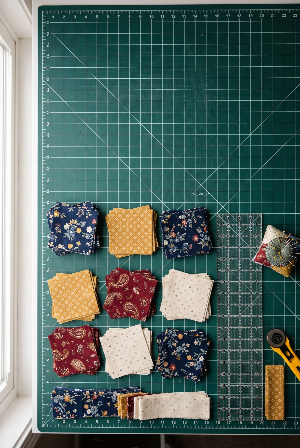 Stacks of cut quilting cotton squares, a quilting ruler and pins on a cutting mat, for fat quarter size