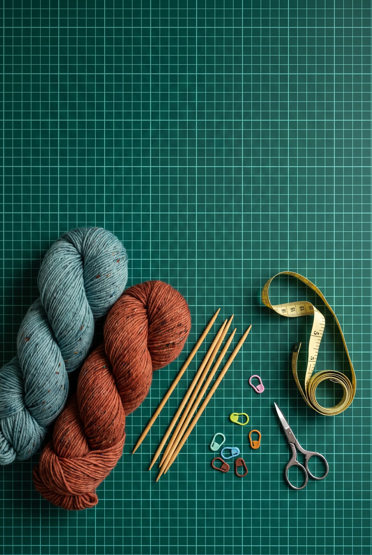 Speckled sock yarn, double-pointed needles, stitch markers and a tape measure, for kitchener stitch