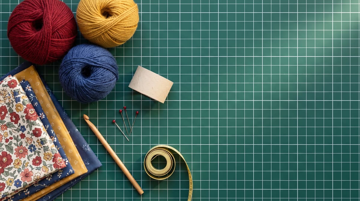 Balls of red, mustard and blue yarn, folded quilting fabric, a crochet hook, pins and a tape measure on a green cutting mat