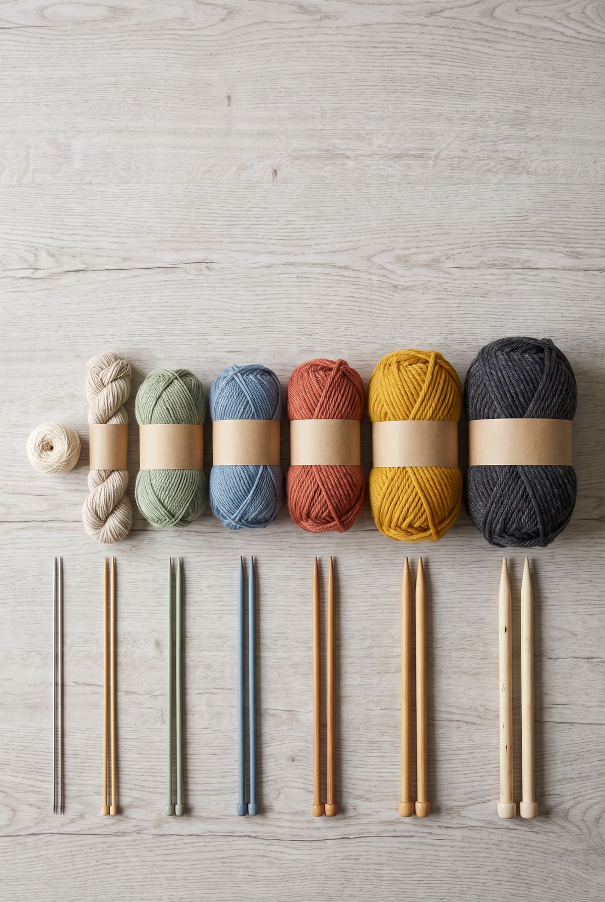Yarn balls from fine lace weight to jumbo with matching knitting needles, for the yarn weight chart